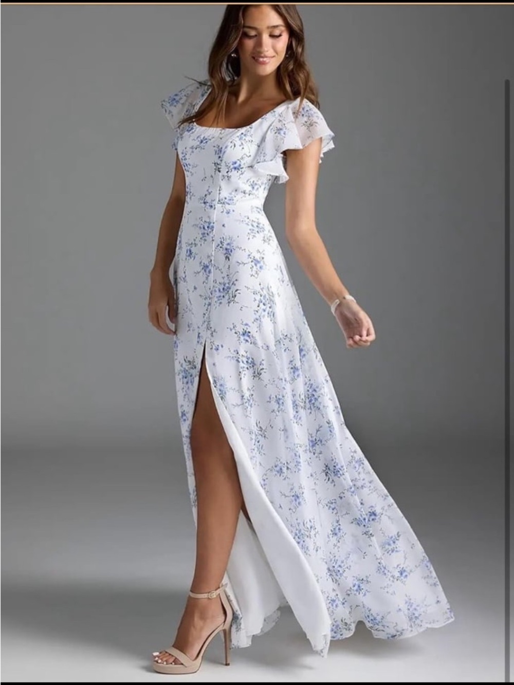 White & Blue Floral Maxi Dress with Flutter Sleeves Size M NWT